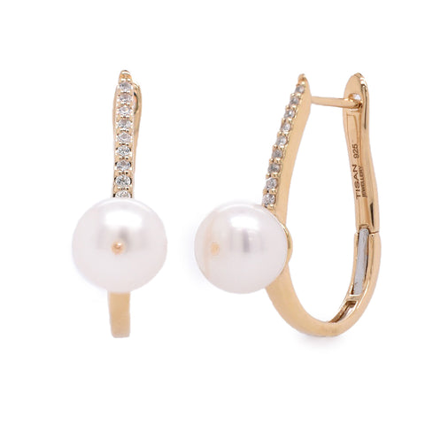 Pearl and White Sapphire 14ct Gold Vermeil Drop Earrings