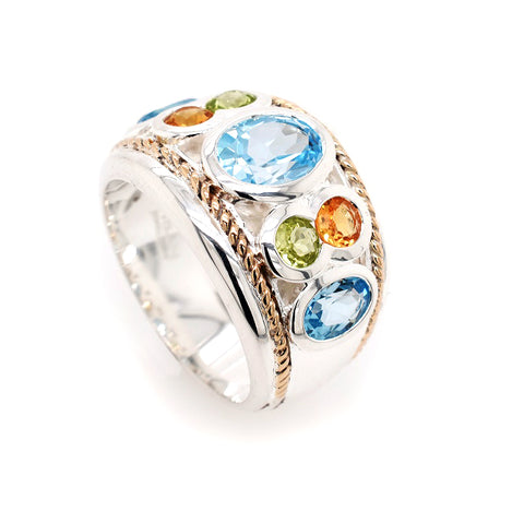 Blue Topaz, Citrine and Peridot Large Ring
