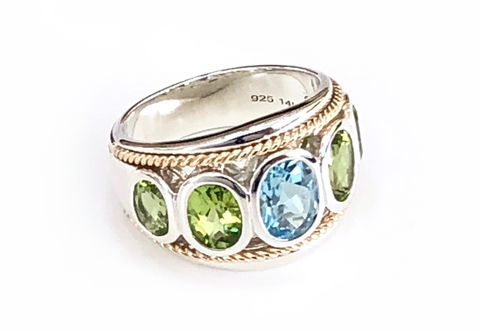 Blue Topaz and Peridot 14ct Gold Vermeil Five Stone Large Ring