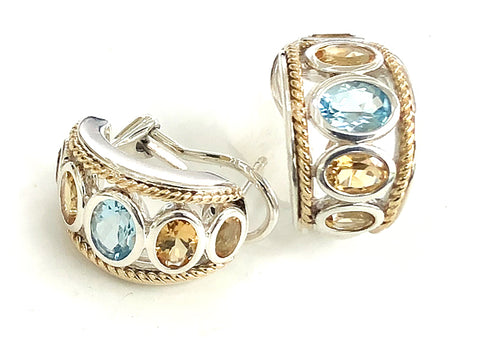 Blue Topaz and Citrine  Five Stone Large Earrings