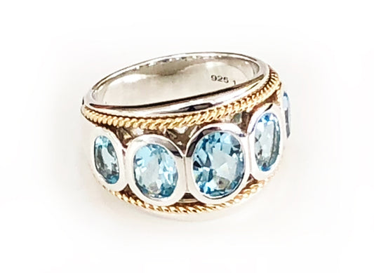 Sky Blue Topaz 14ct Gold Vermeil Five Stone Large Ring - 087