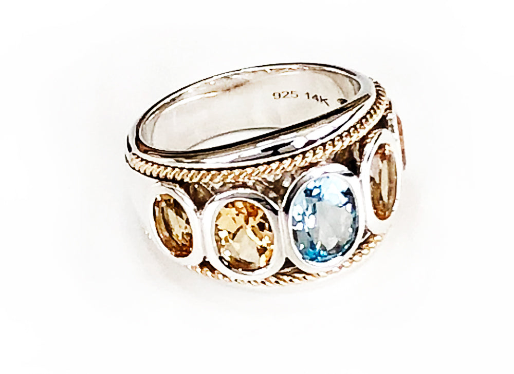 Blue Topaz and Citrine 14ct Gold Vermeil Five Stone Large Ring - 086