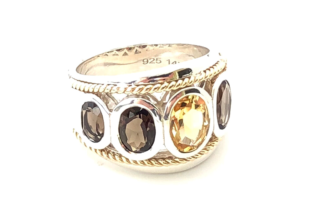 Citrine and Smoky Quartz 14ct Gold Vermeil Five Stone Large Ring - 062