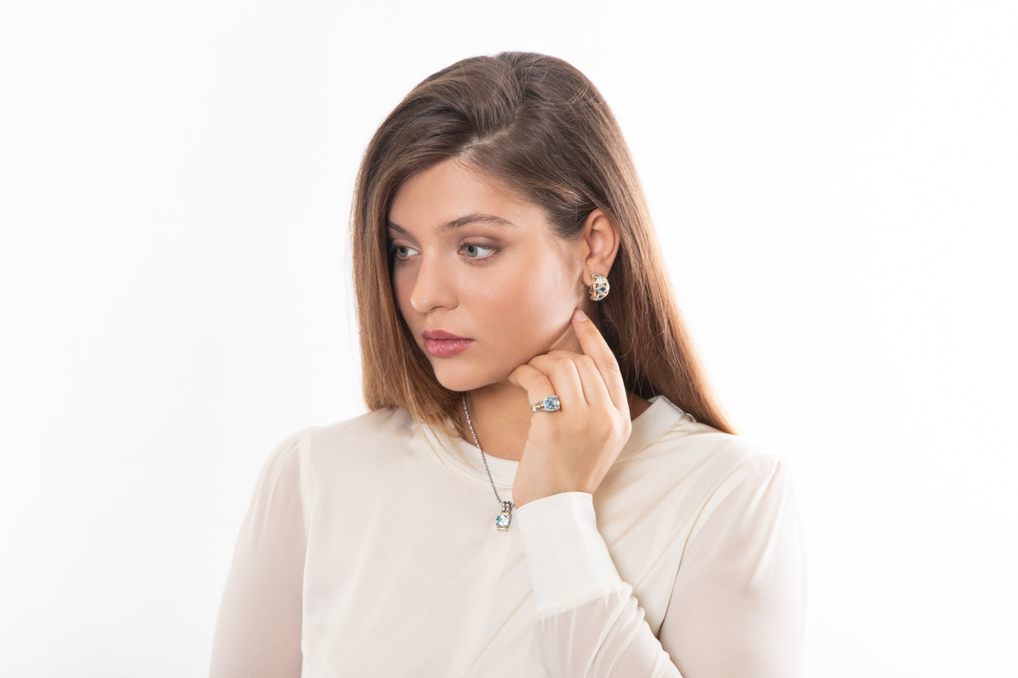 Blue Topaz and White Sapphire Oblong Ring - 053