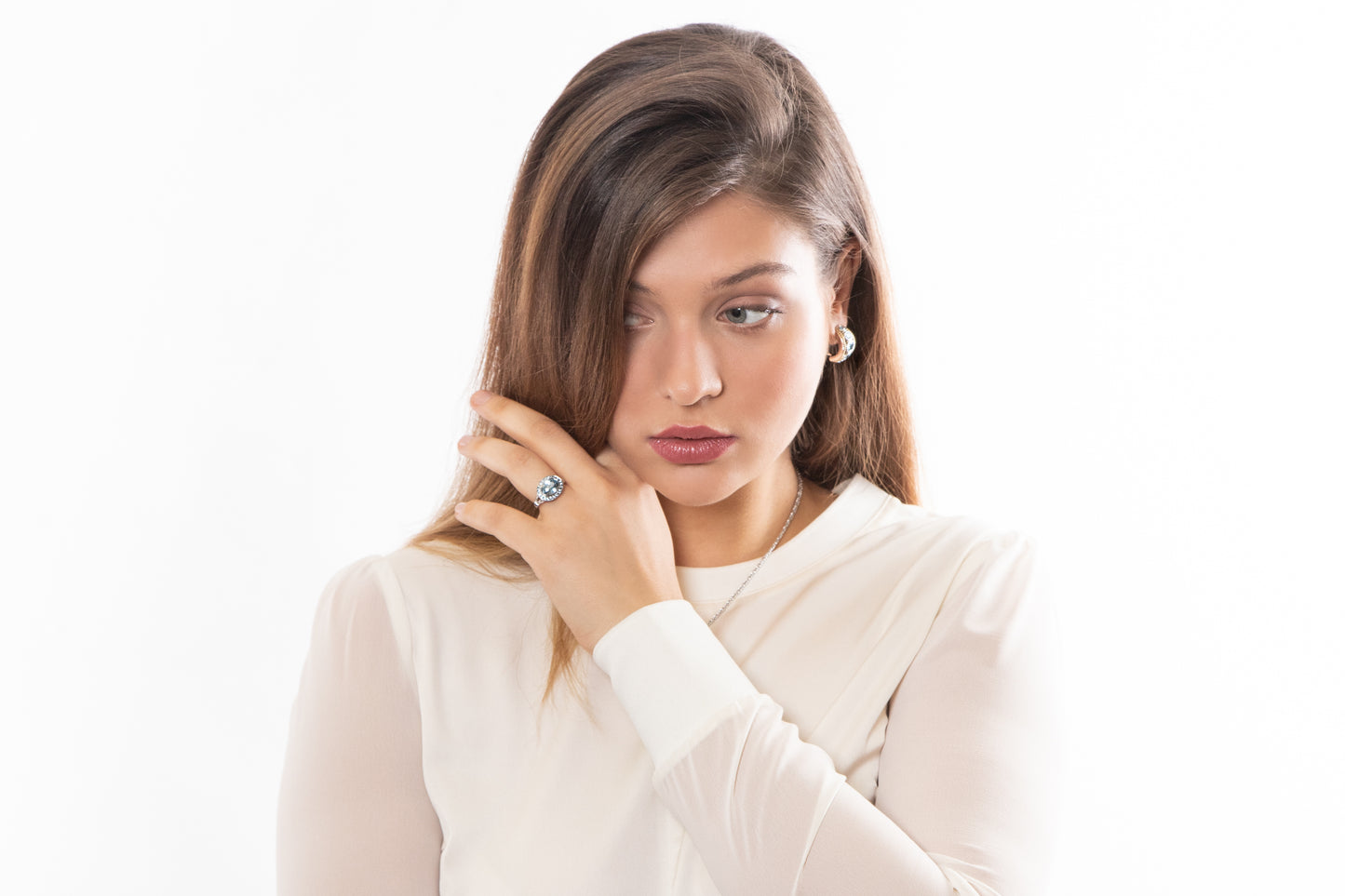 Diamond, Blue Topaz & Sky Blue Topaz Oval Stone Ring - 048