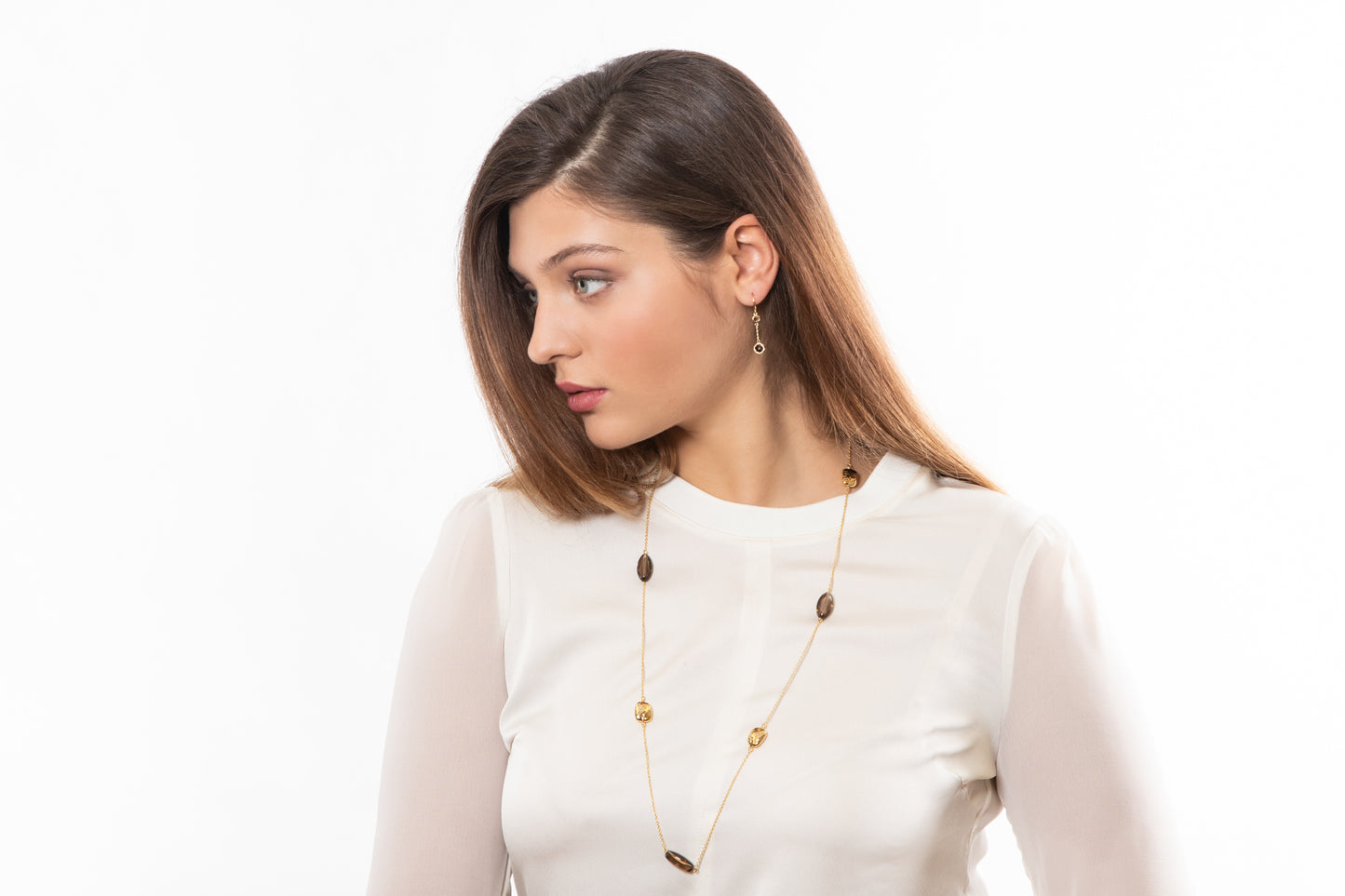 Smoky Quartz and Citrine Double Drop 14ct Gold Vermeil Hook Earrings - 013