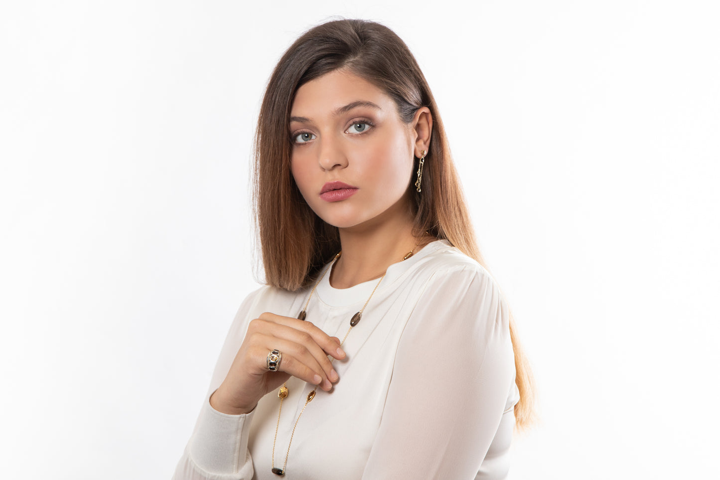 Citrine and Smoky Quartz 14ct Gold Vermeil Double Strand Drop Earrings - 012