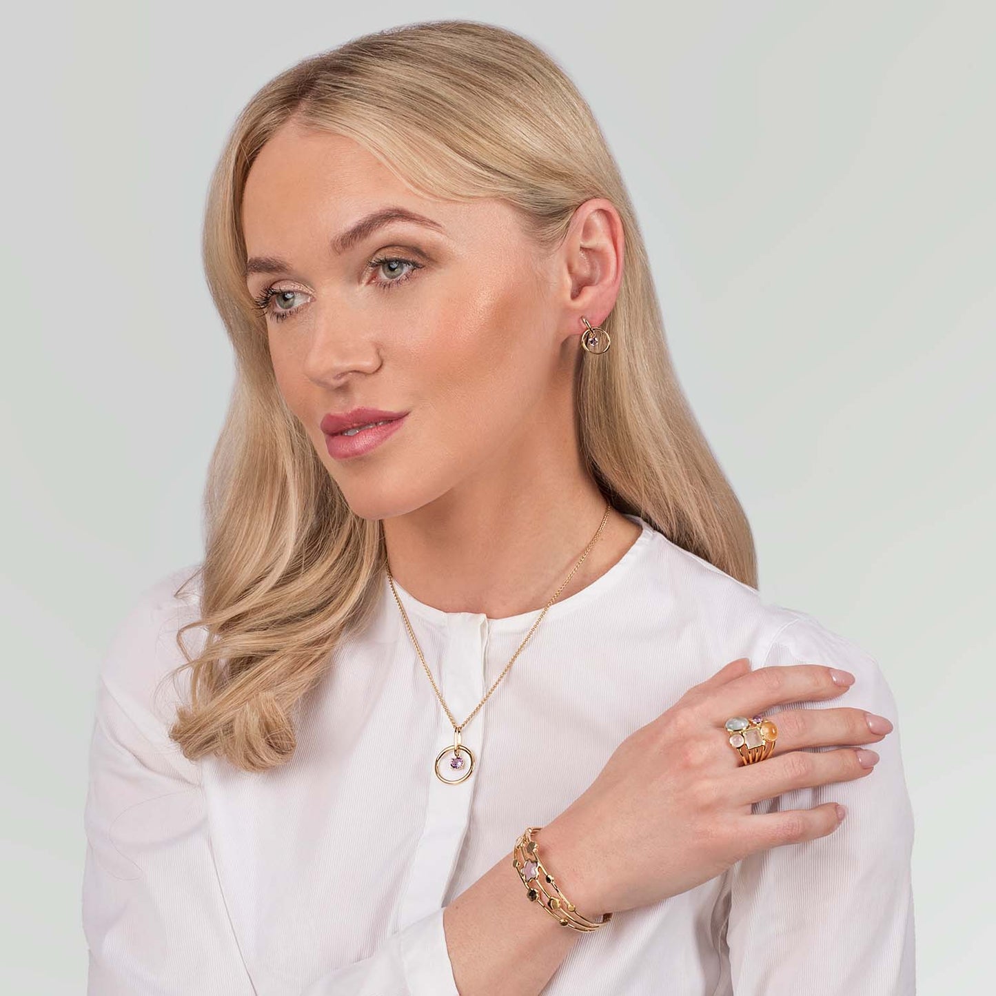 Prehinite Gold Vermeil Three Strand Flower Bangle - 093