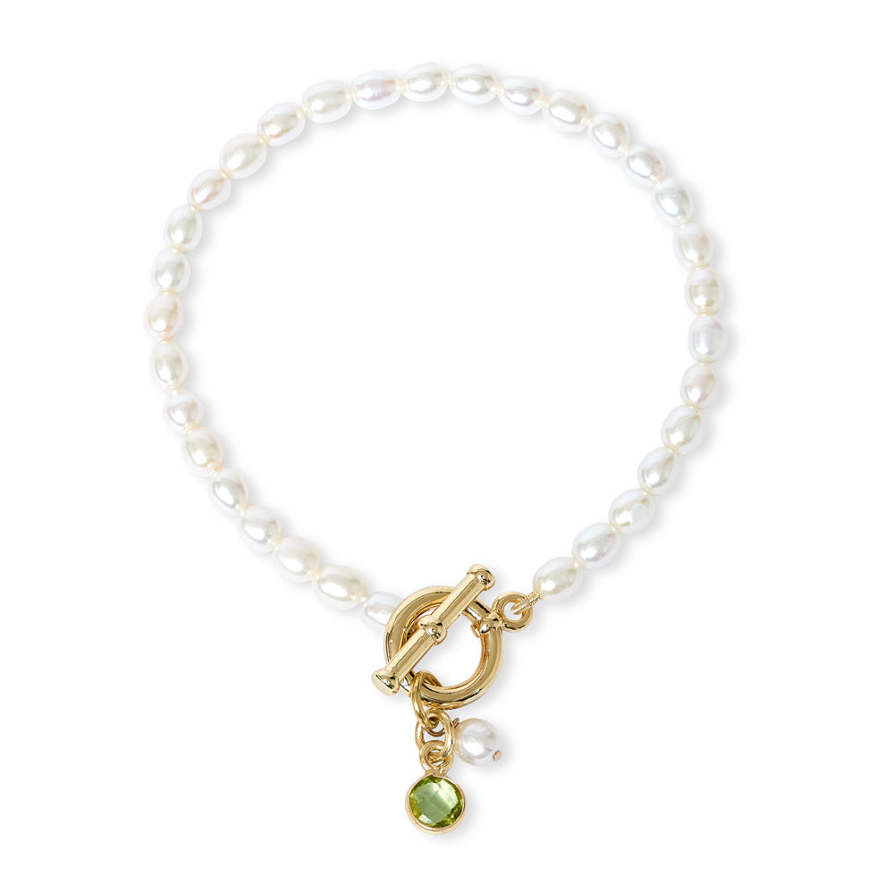 Oval Freshwater Pearl Bracelet w/ Gold Plate Toggle Clasp - Peridot - 096