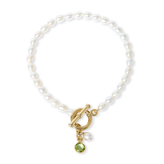 Oval Freshwater Pearl Bracelet w/ Gold Plate Toggle Clasp - Peridot - 096