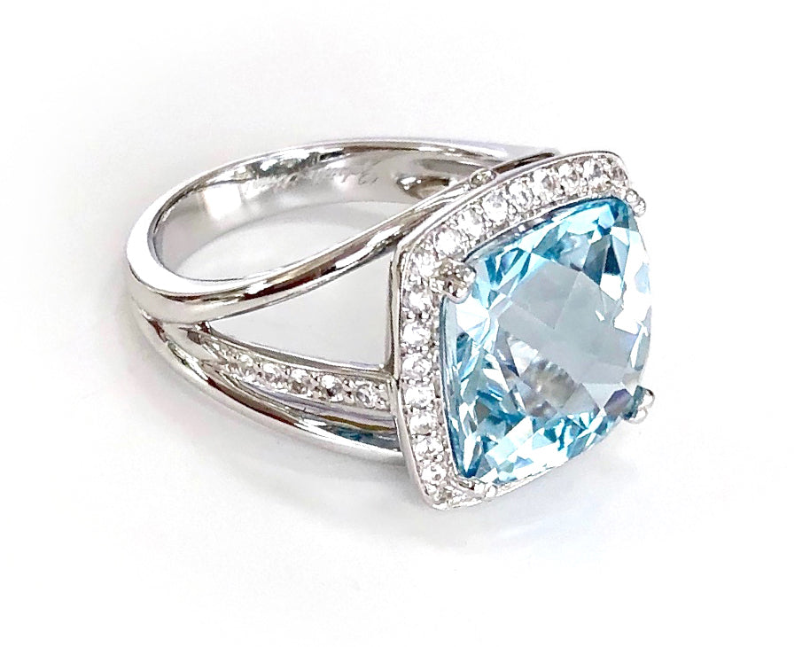 Blue Topaz and White Sapphire Sterling Silver Ring - 081
